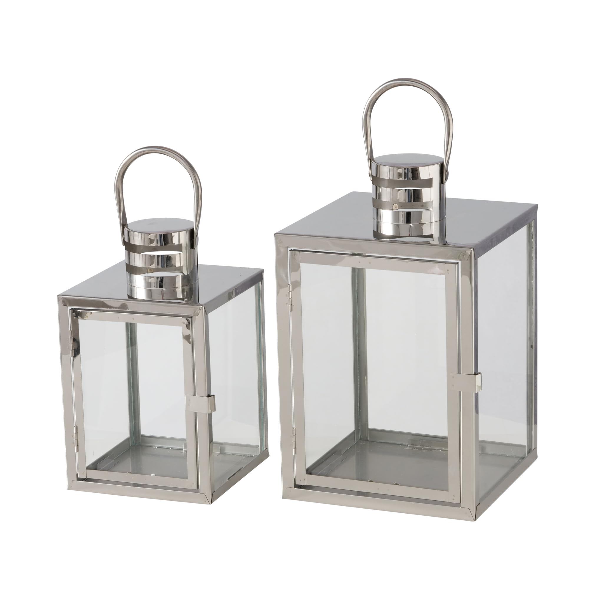 BOLTZE Kiruna 2049901 Lantern Set of 2 Silver Glass/Metal L 14-18 cm W 14-18 cm H 24-29 cm Square Shape with Handle Decorative Lantern Candle Holder