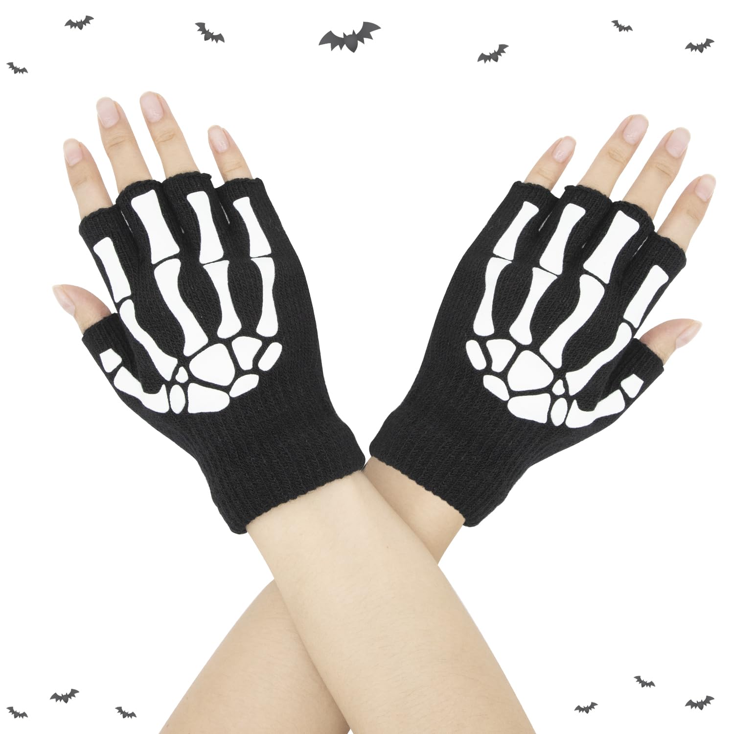 CHEERYMAGICHalloween Skeleton Fingerless Gloves Unisex Stretchy Glow in The Dark Knitted Luminous Winter Fingerless Gloves for Cosplay Halloween Party Decoration Women Men A8YGST