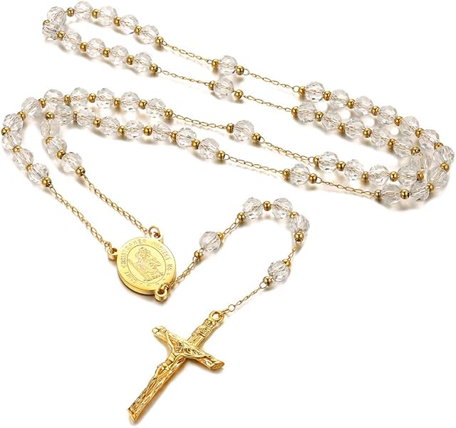 FaithHeart Rosary Beads Catholic Necklace for Women Saint Christopher/Michael/Virgin Mary Pendant Stainless Steel Crucifix Cross Charm Extra Long Chain Christian Amulet (6 Colours)