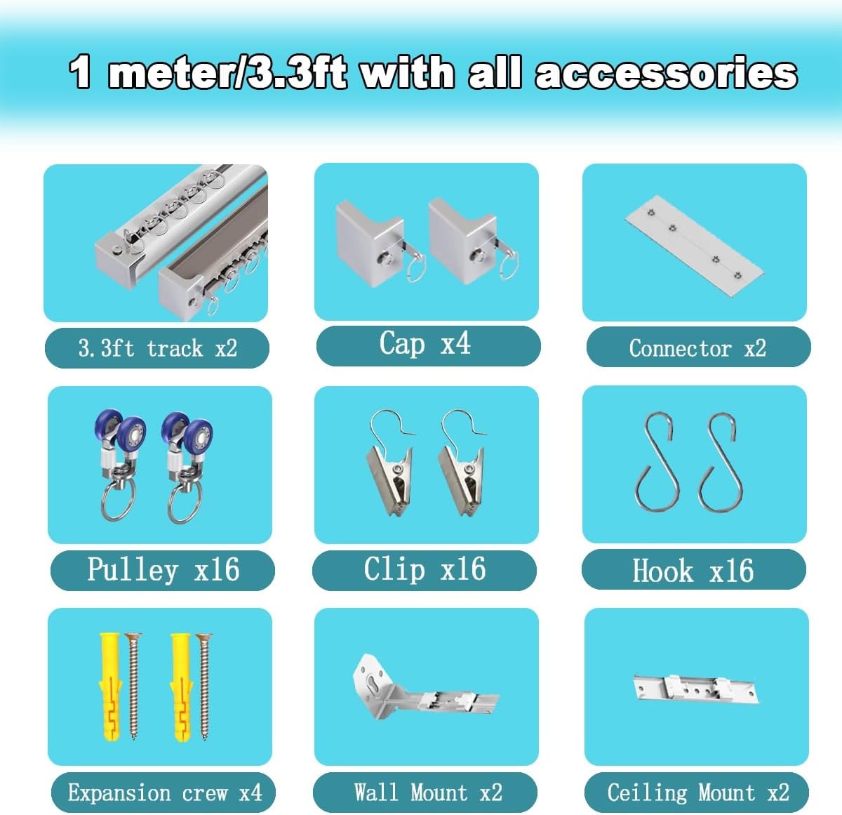 Aluminum Double Curtain Rod 50-500cm, Silent Rollers & Mounting Clips for Ceiling/Wall, Perfect for Bedroom, Room Divider, Balcony - Champagne Finish, 90cm/3ft