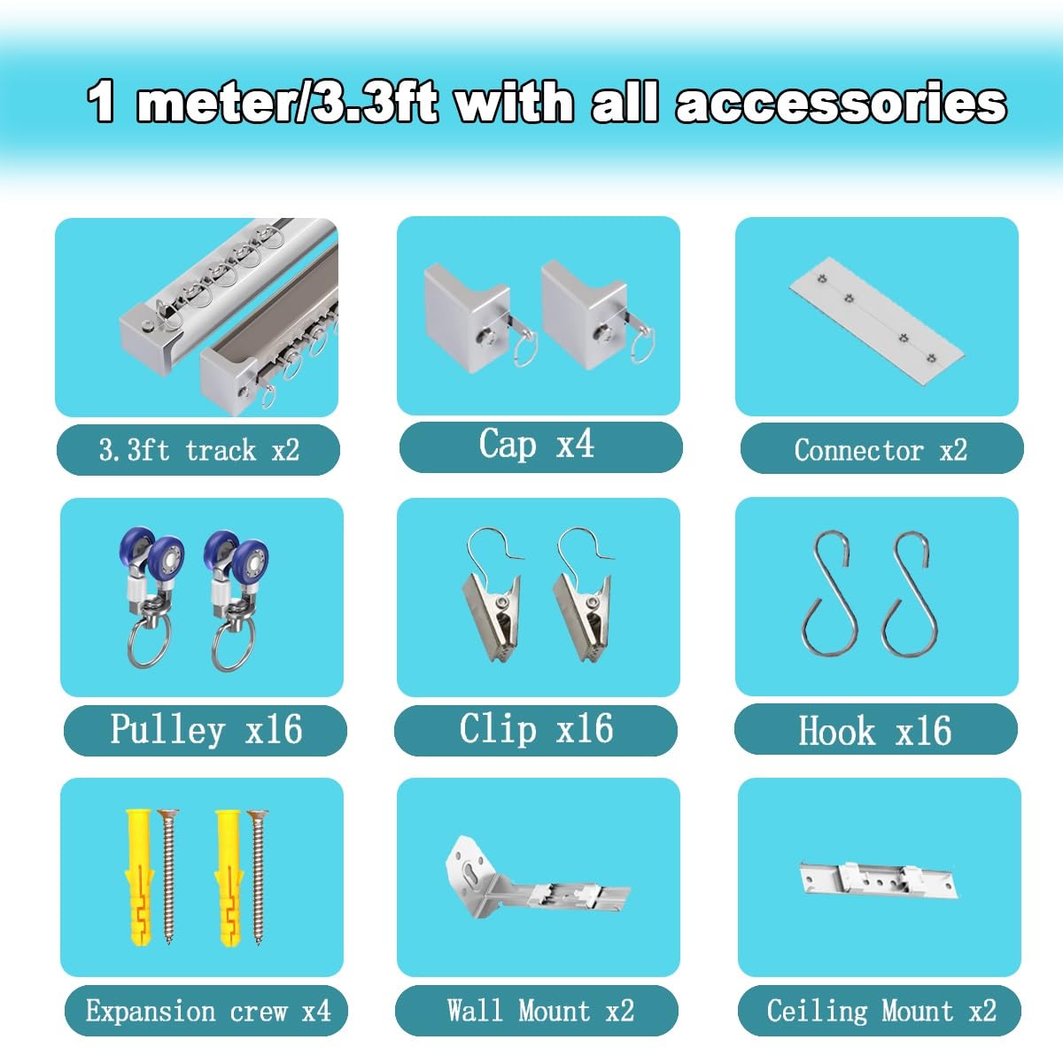 Aluminiowy podwójny karnisz 50 cm-500 cm z cichymi rolkami, klipsy do montażu na suficie/ścianie i haczykami, do sypialni, przegrody, balkonu, szampański, 5 m