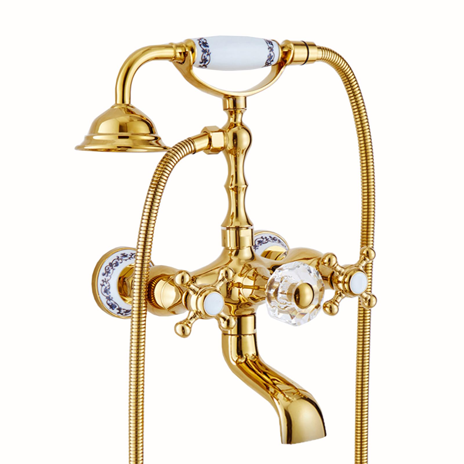 CWCQGH V-intage Clawfoot Bath Tub Faucet Set Gold 2 Functions Double Cross Handle Wall Mounted Bathtub Faucet with Hand Shower Brass Clawfoot Tub Shower Faucet Set, A,Sprinkler,A
