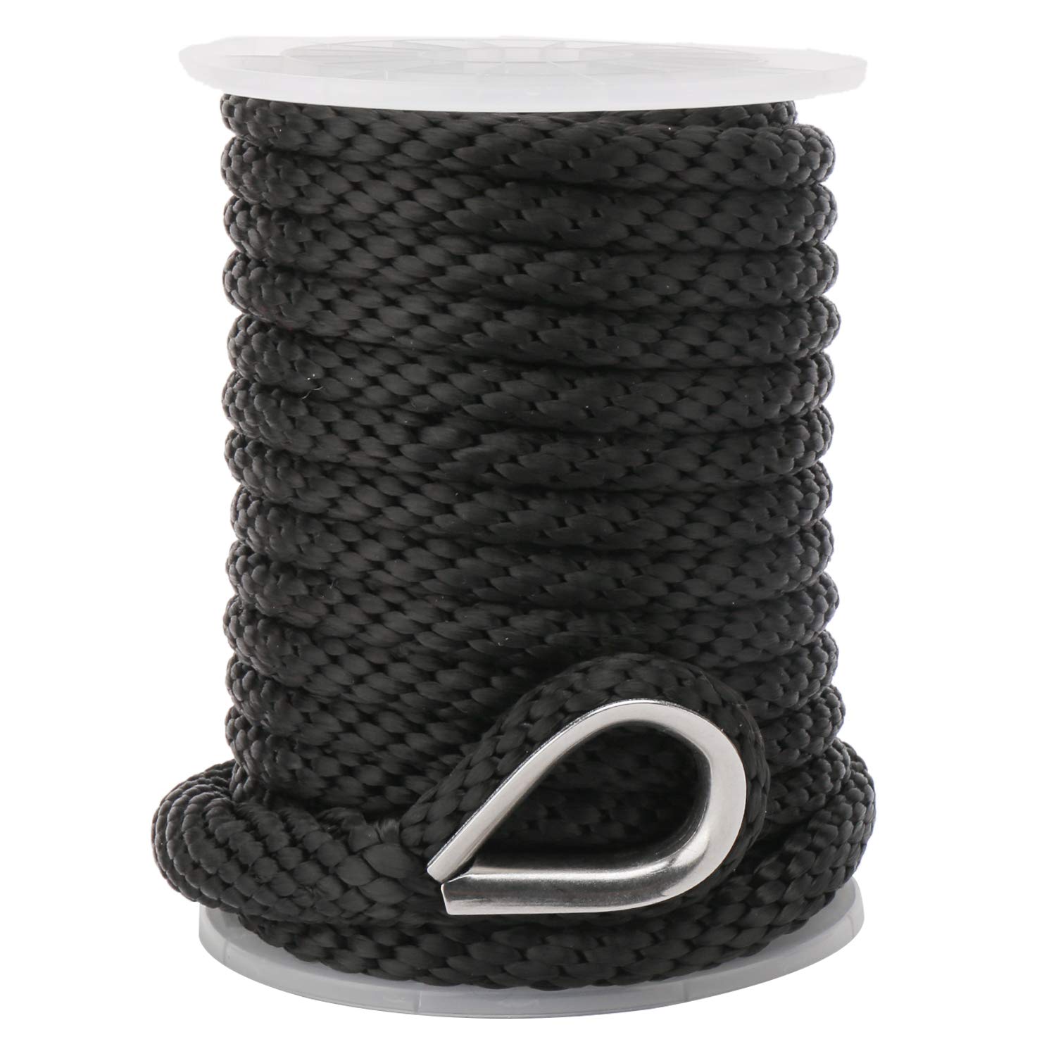NovelBee Anker-Schnur, 1,3 x 30,5 m, hochwertig, massives geflochtenes Polypropylen-Seil mit Edelstahl-Fingerhut, schwarz
