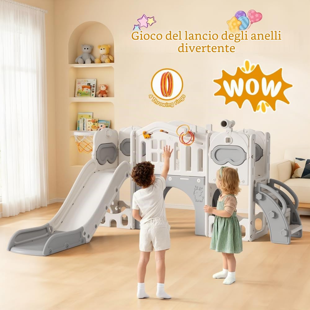 11 in 1 Scivolo per Bambini con Canestro da Basket,Palla e Telescopio Giocattolo, Set Giochi per Interni ed Esterni, per Bimbi Piccoli e in Età Prescolare
