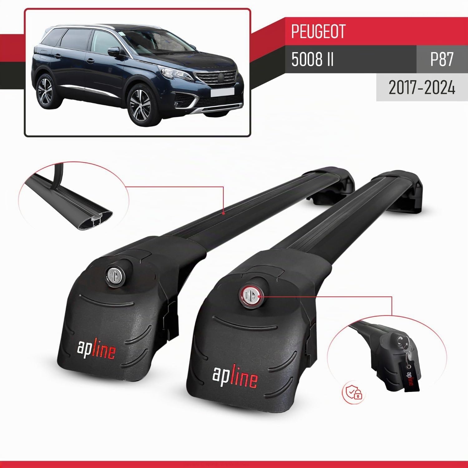 Compatibile con Peugeot 5008 II (P87) 2017-2024 Modello ACE-2 Barre Tetto Portapacchi Auto Barre Portatutto Nero Alluminio 2 Barre