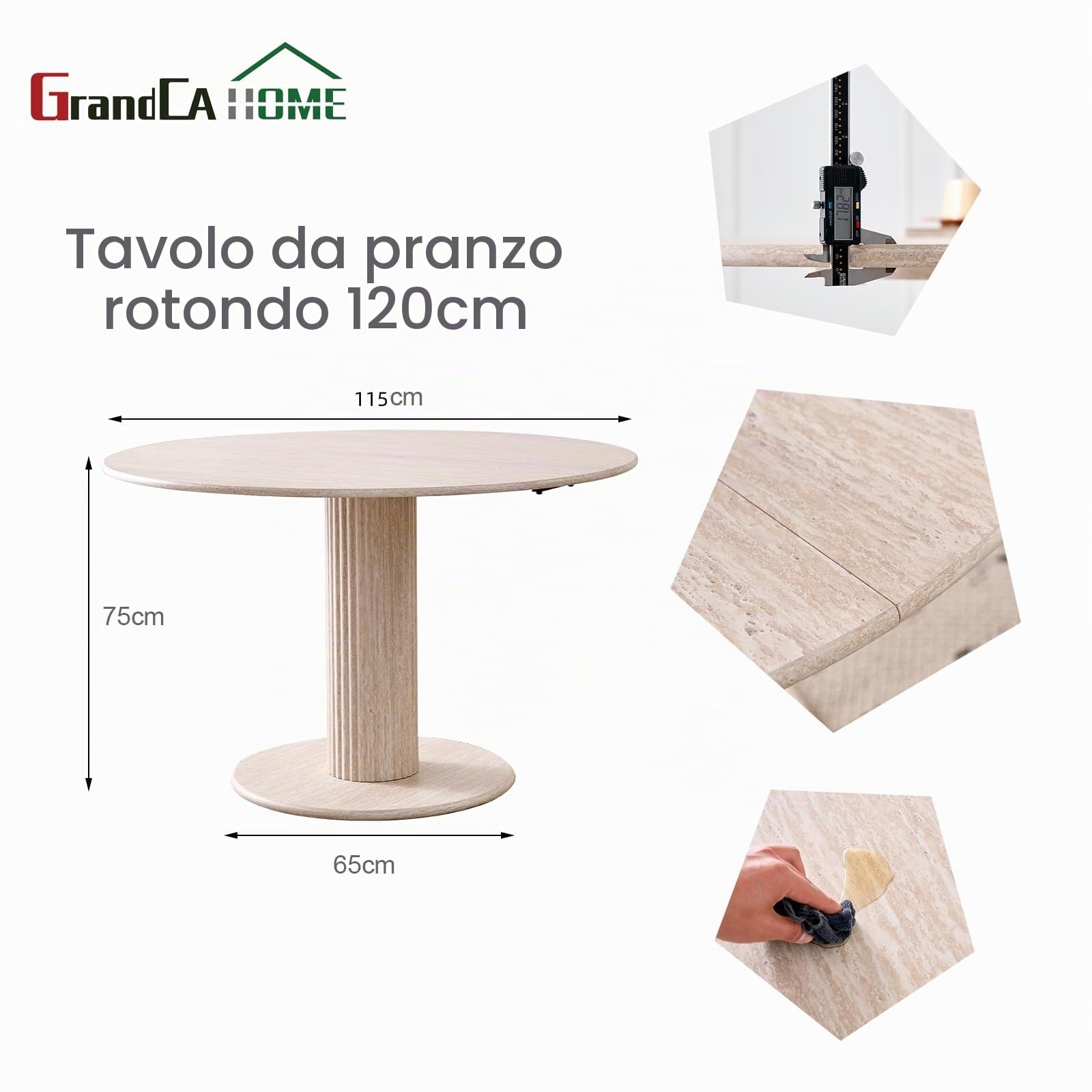GrandCA HOME Tavolo da Pranzo Rotondo Moderno e Semplice, in Similtravertino Giallo, Diametro 115 cm, può Ospitare da 4 a 6 Persone