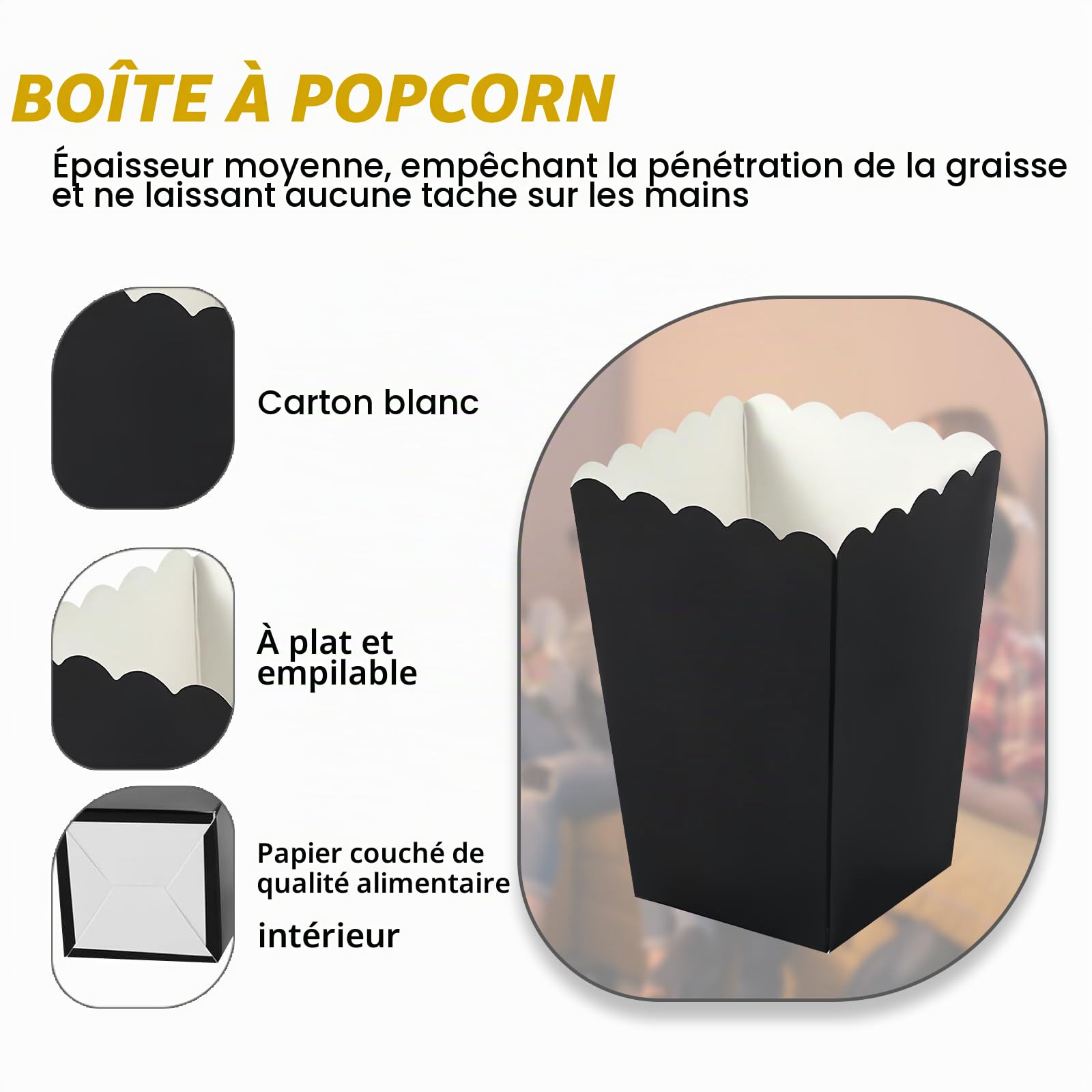 Lot de 100 sachets à pop-corn réutilisables en carton, sacs en papier de fête, petits sacs à pop-corn, boîte à goûter pour soirée cinéma, fête d'anniversaire, Noël (noir)