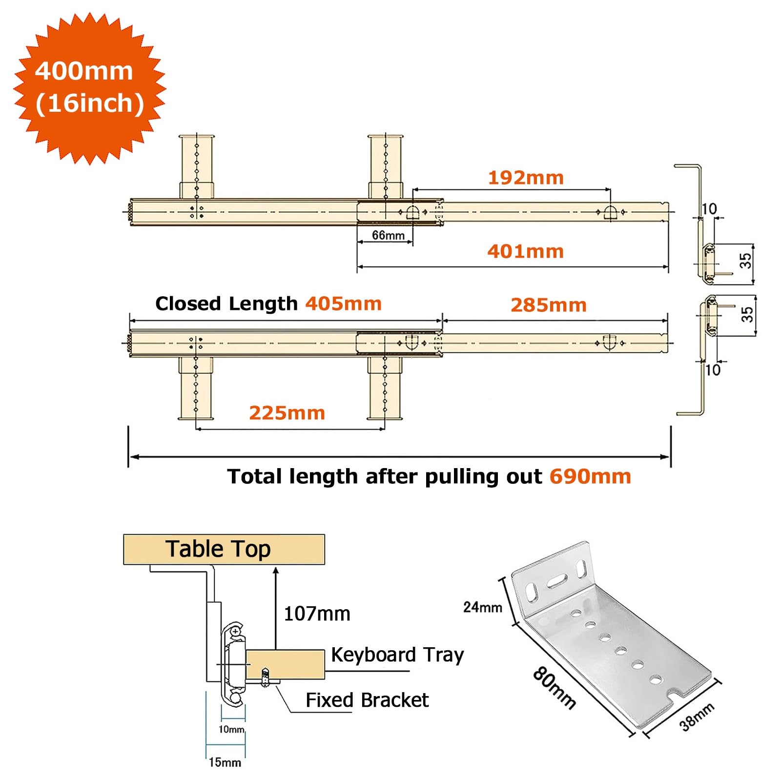 Guías ocultas para cajones Extensión total, Guías telescópicas for cajones de servicio, teclado plateado 300-400 mm, juego 2 piezas, carga máxima 60 kg(400mm(16 inch))