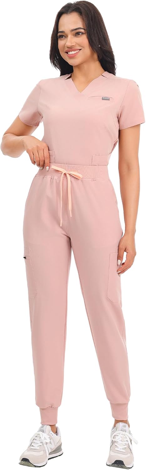 Kousenpu Scrubs for Women Set - Stretch V-Neck Scrub Top and Jogger Pants, 12-Pocket Medical Uniform for Nurses