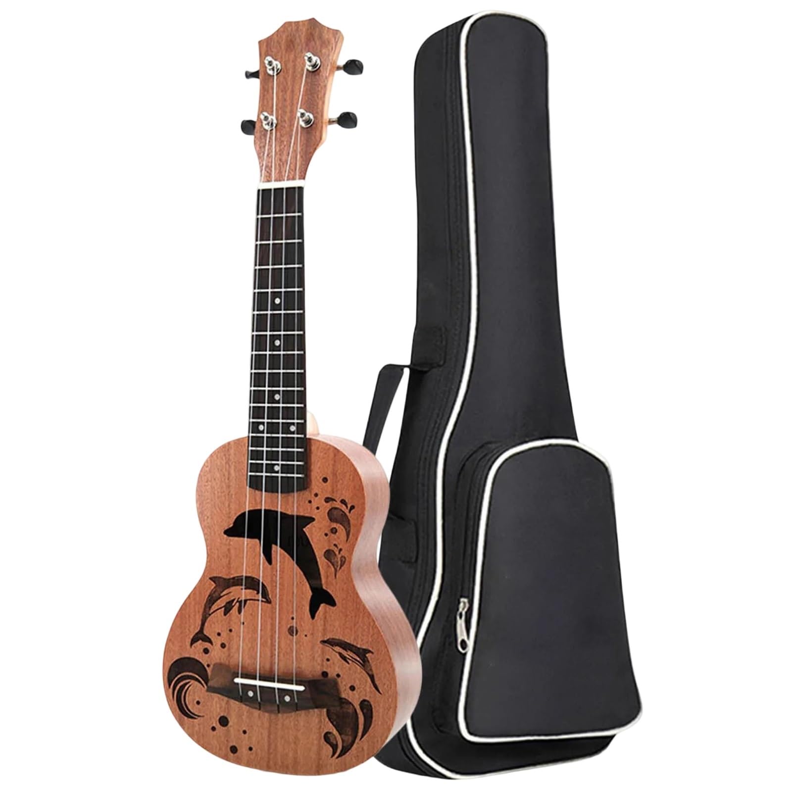 Typ Wydajności Ukulele Zestaw Ukulele Sopranowego Sapele Dla Początkujących 21 Cali Mały Z Paskiem Na Futerał Kostkami Do Strojenia Strunami Nylonowymi(Type2)