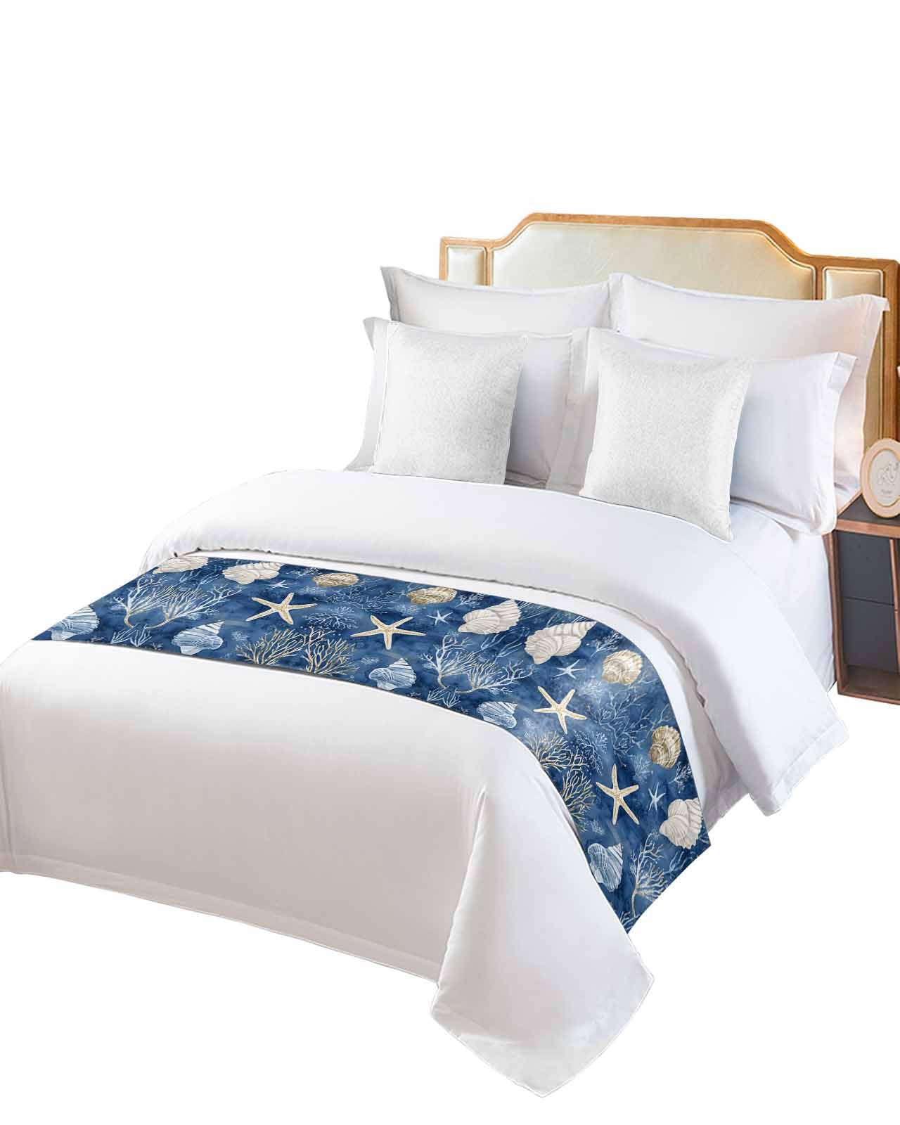 Navy Blue Coastal Bed Runner for Twin Size, Nautical Beach Starfish Coral Summer Bedspread Protector Slipcover Bed Scarf for Foot Runners & Scarves for Bedroom Hotel Wedding Room 71x20 Inches