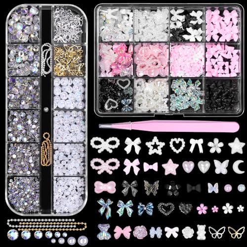 3D Assorted Nail Charms Gems, Bow Bowknot Butterfly Flower Acrylic Nail Art Charms, Half Round Nail Pearl and Rhinetones Charms for DIY Nail Art Accessories