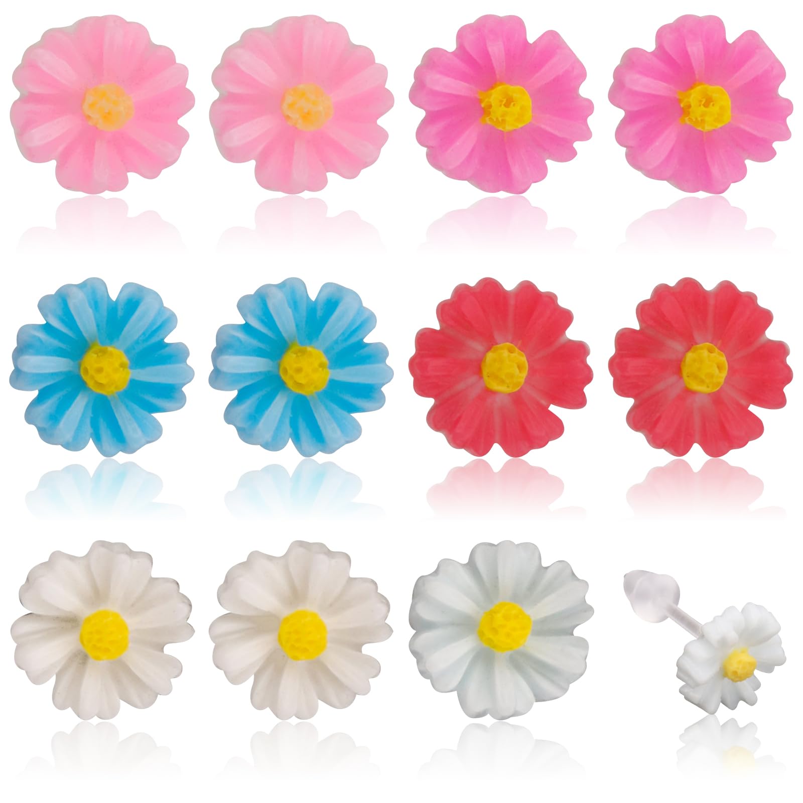 6 Pairs Dainty Daisy Flower Stud Earrings, Lightweight Sunflower Ear Posts Plastic Earrings for Sensitive Ears for Jewelry Gifts (6 Colors)
