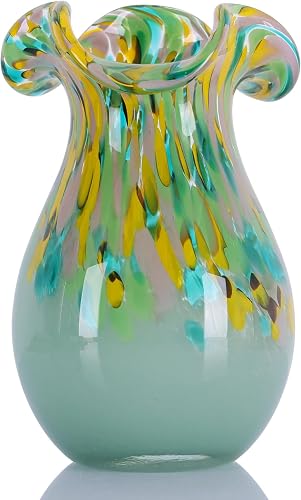 Hand Blown Mint Green Multicolor Glass Vase for Flowers, 7.9 Inch Decorative Art Glass Vase, Modern Flower Vase for Dining Table Centerpiece, Living Room, Entryway, Office Desk and Shelf Decor