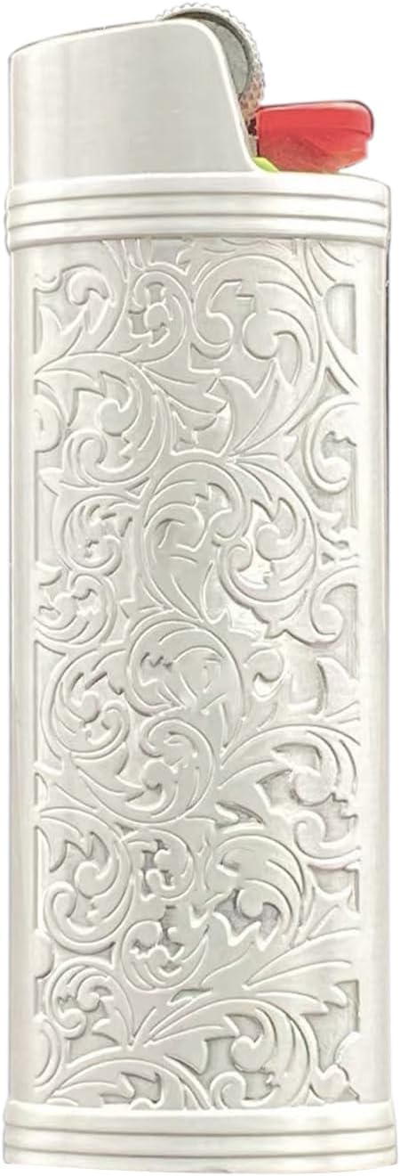 Metal Lighter Case Cover Holder Vintage Floral Stamped for BIC Full Size Lighter J6 (White Gold)