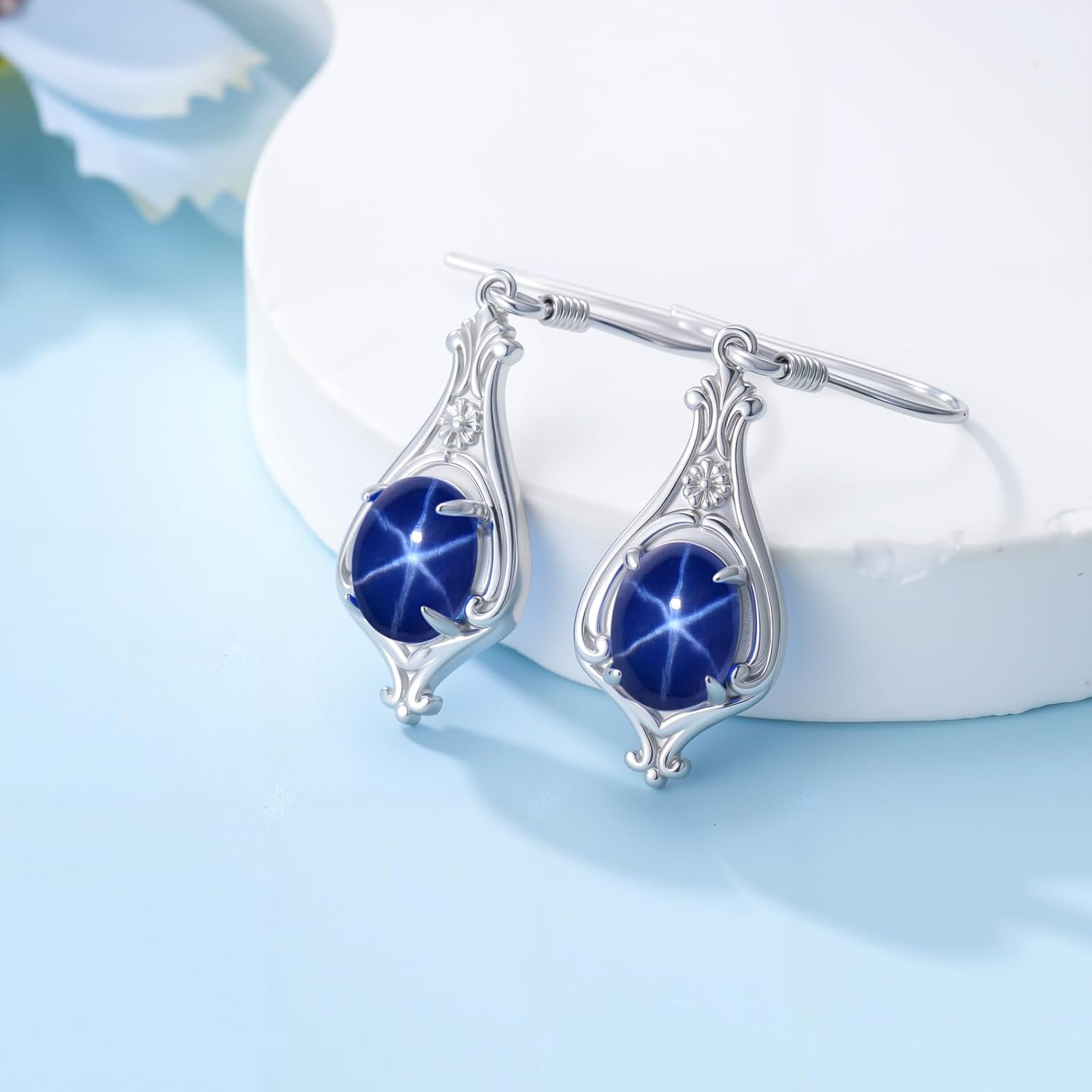 Linde Star Earrings for Women Blue Star Sapphire Dangle Drops Earrings for Women Linde Star Sapphire Dangle Earrings 925 Sterling Silver Dangle Earrings for Her Women