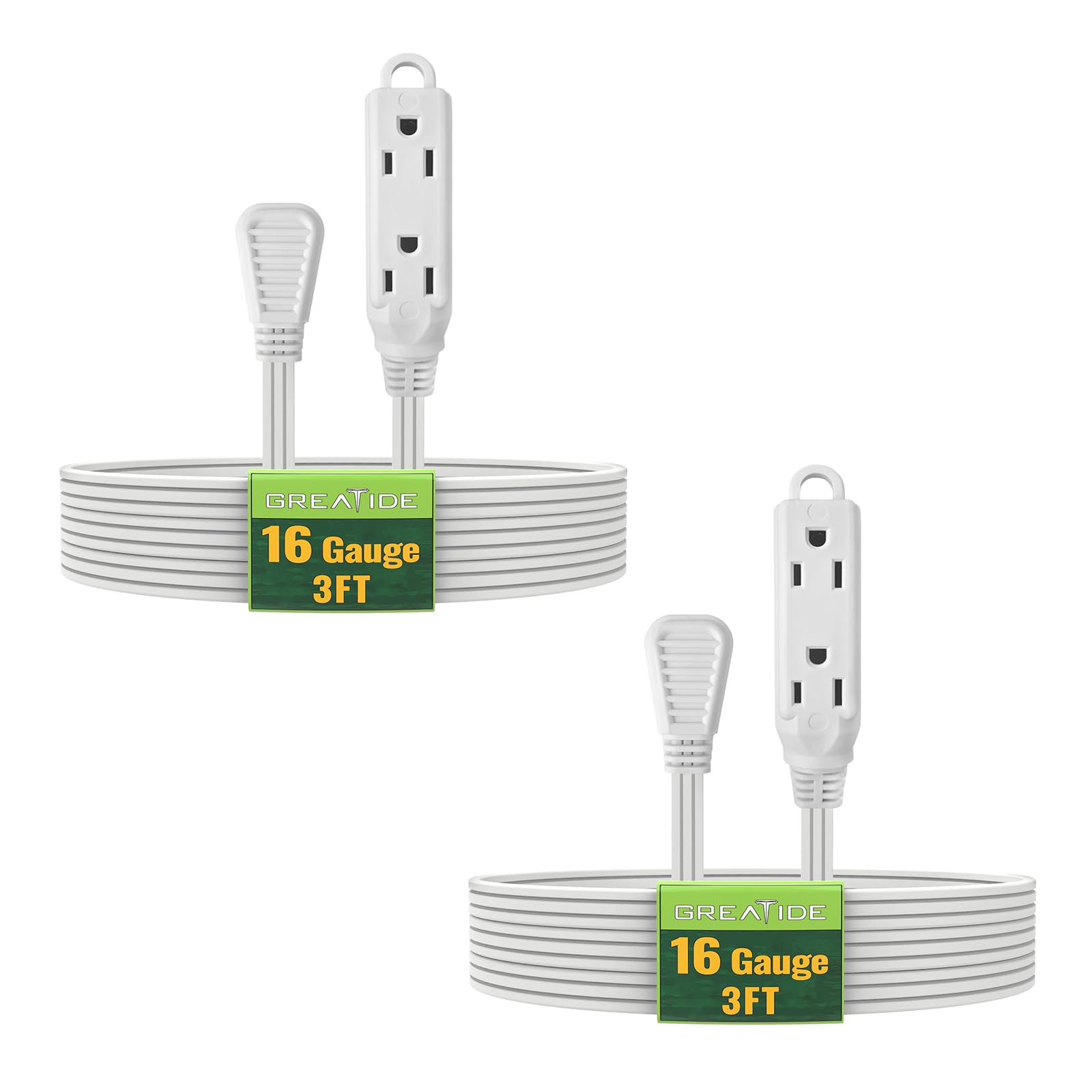 GREATIDE 3 Ft 3 Outlet Indoor Extension Cord with Flat Plug, 3 Prong Grounded 16/3 SPT-3 Power Cable with Multi Outlet Plug, White, 2 Pack
