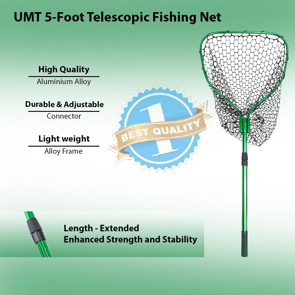 UMT Telescopic Fishing Landing Net (3.6–5 ft) — 17" x 19" Large Hoop, 21" Deep Silicone Rubber Mesh, for Freshwater & Saltwater, Green