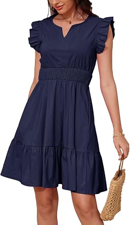 Jayscreate Womens Ruffle Sleeve Layered Dress Pockets Elastic Waist 2025 V Neck Above Knee Summer Casual Cute Dress