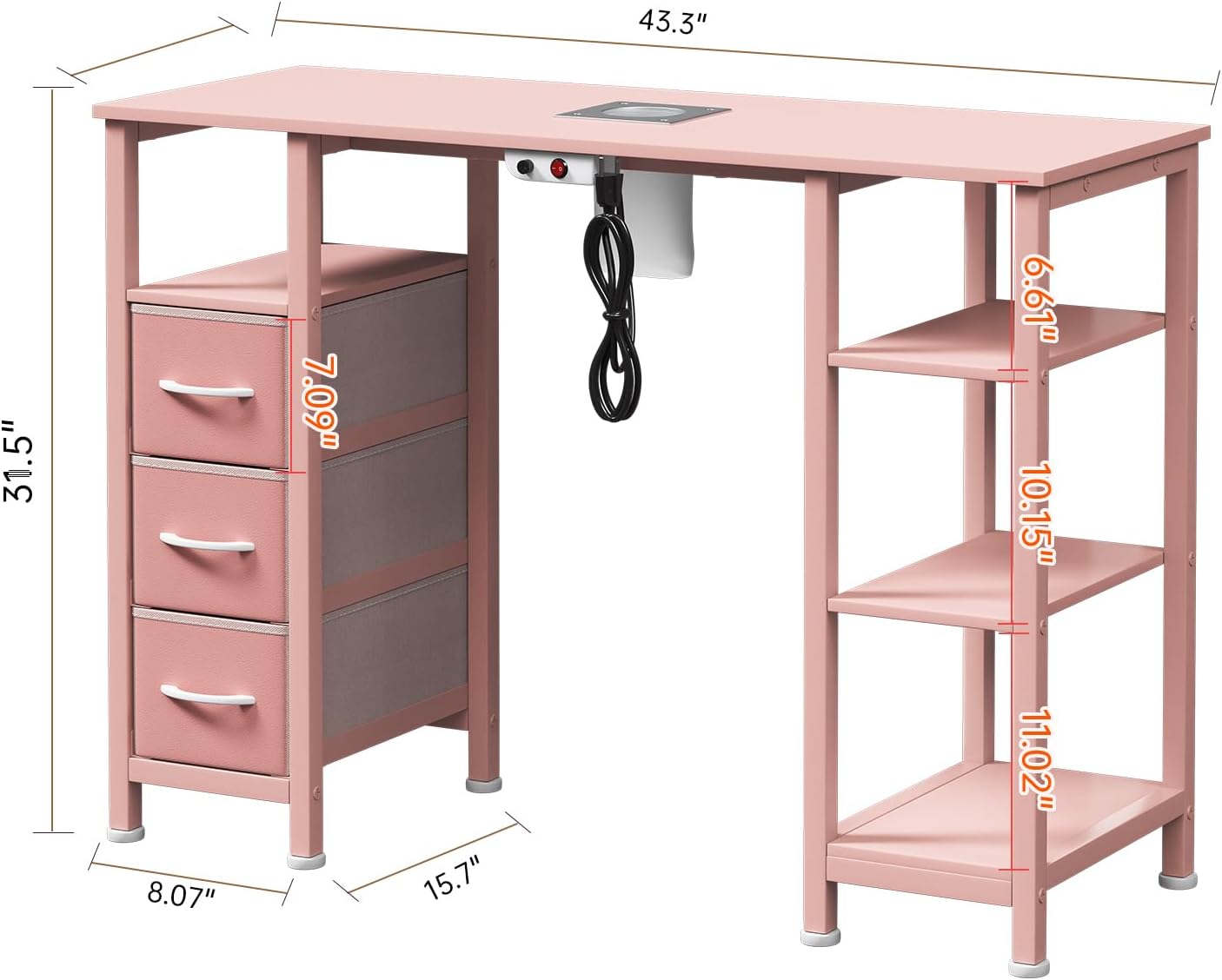 Nail Desk for Nail Tech w/Electric Dust Collector, Manicure Table w/3 Storage Drawers & 3 Open Shelves for Beauty Salon Tech Station