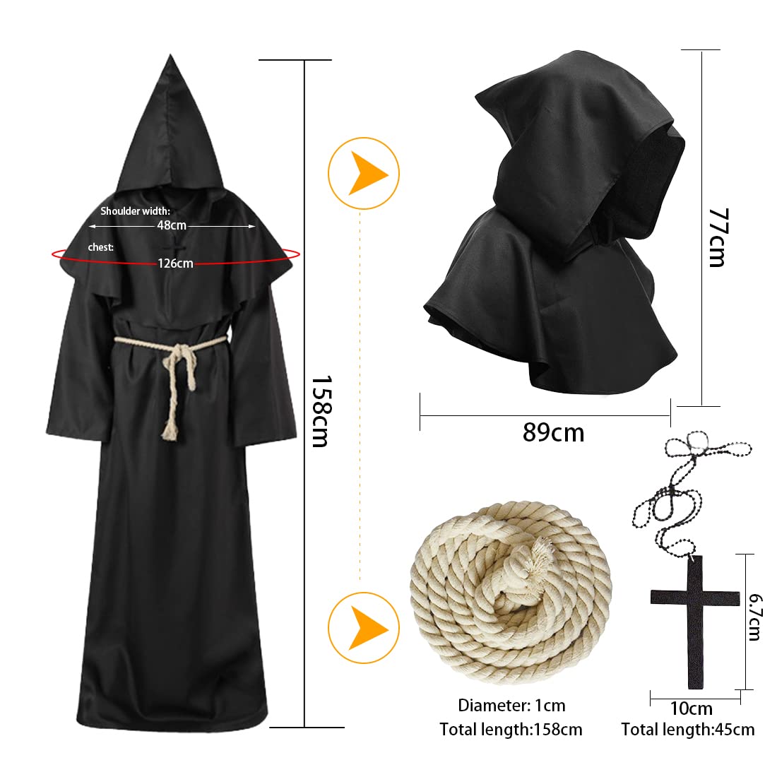 Wishstar Dekoracja na Halloween, średniowieczny renesans, mnich ze sznurkiem, męski prister z krzyżem na imprezę tematyczną, Halloween, Cosplay, karnawał i karnawał