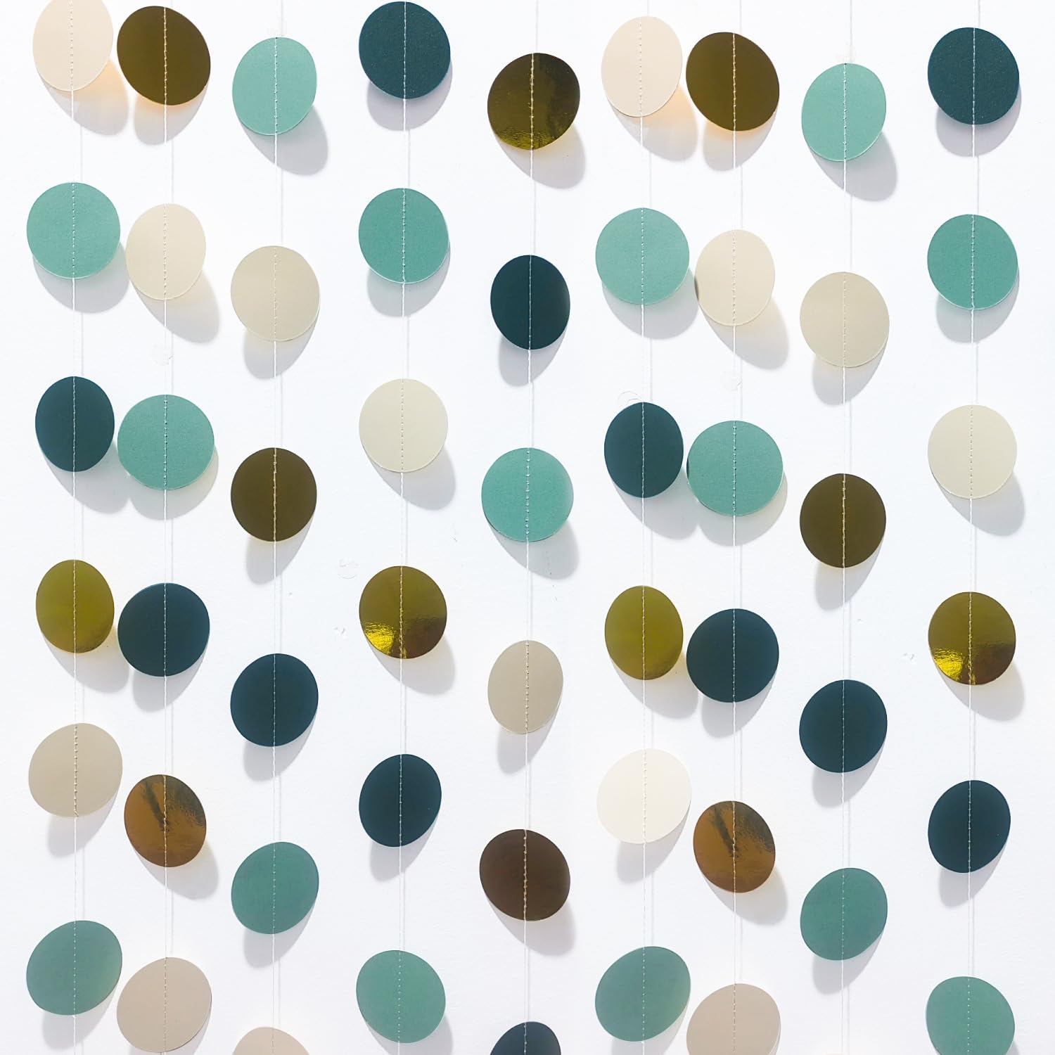 Party Decorations Ready-to-Use - 16m Paper Garland with Gold Foil Circles in Emerald Green, Grass Green, White & Gold - Hanging Decor for Birthday, Wedding, Celebration(4 x4m)