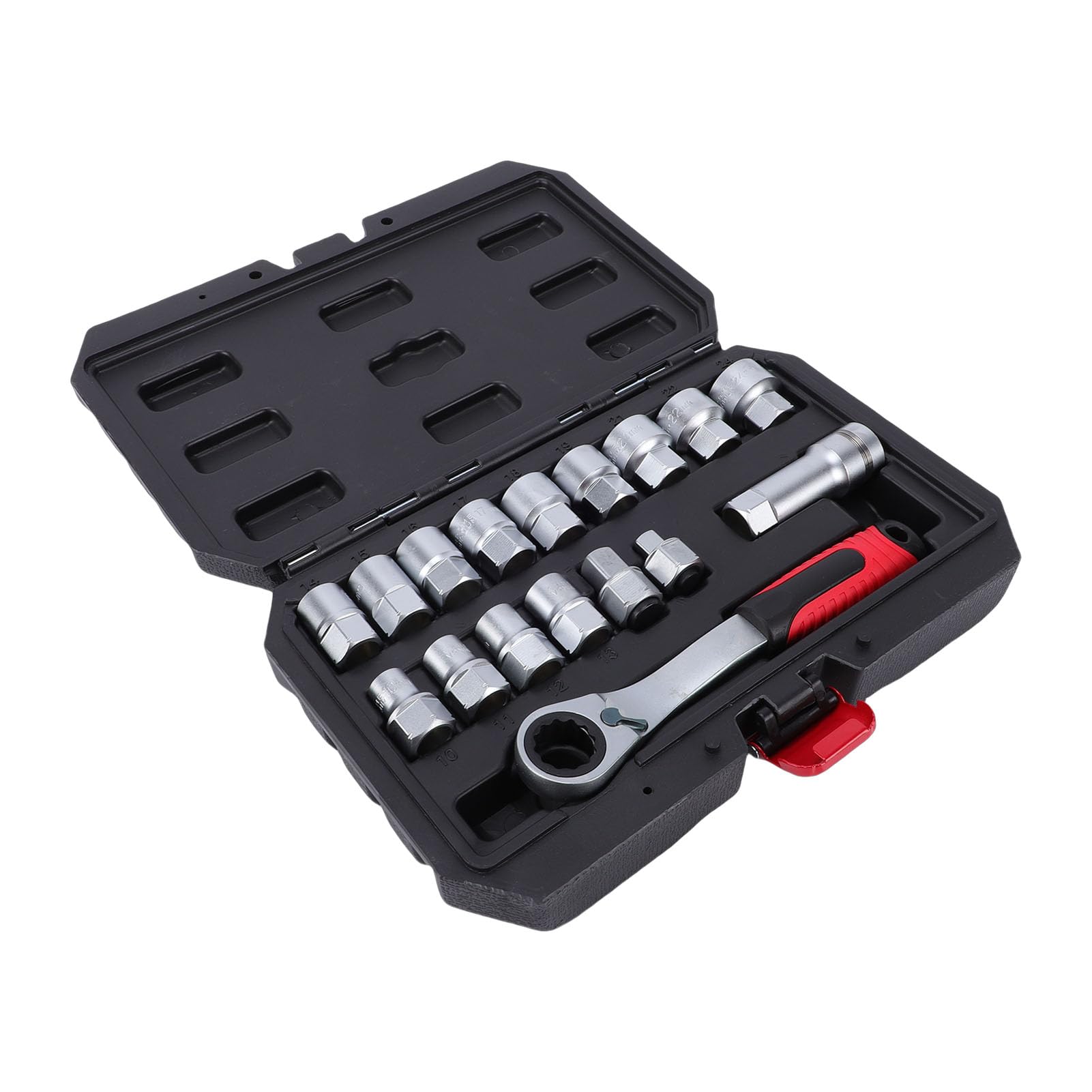 Set di Bussole Passanti 17 Pezzi, 12 Punti 10-24 Mm con Cricchetto Reversibile 72T, Adattatore per Azionamento 1/2 3/8 Pollici, Impugnatura Ergonomica