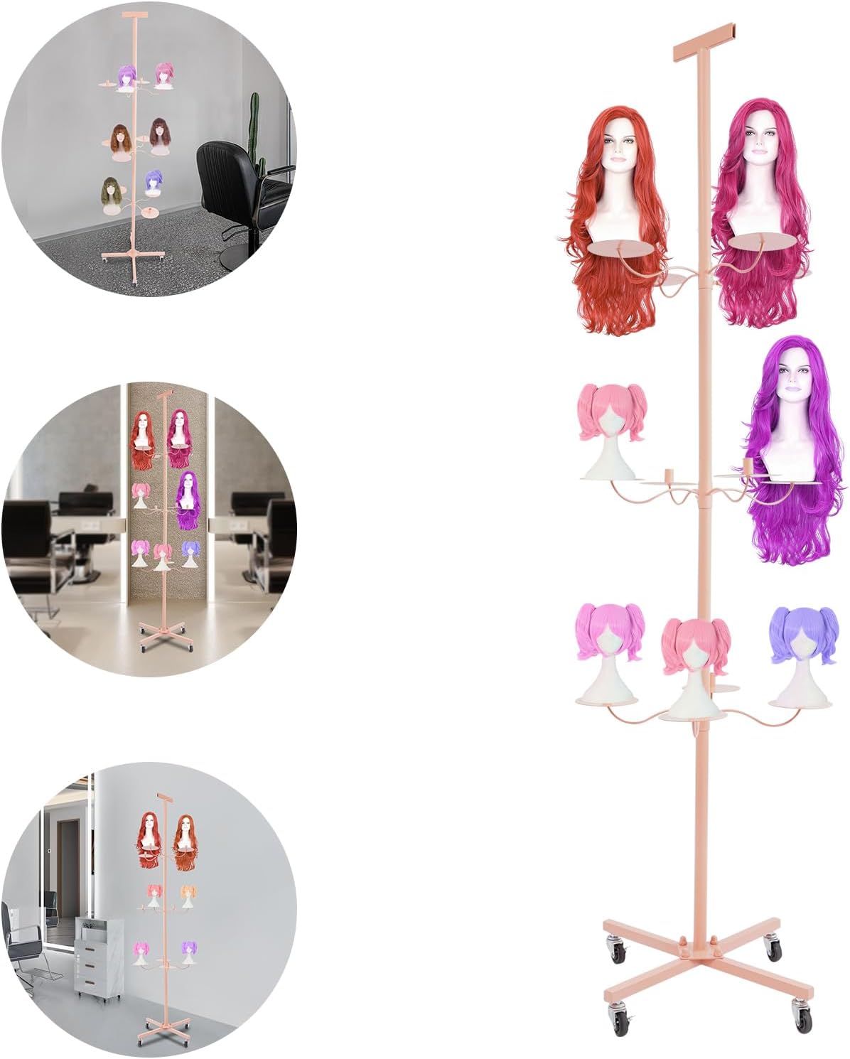 Wig Holder for 12-Head Wig Stand, Wig Holder Storage Organizer with Cross Base, Rolling Wig Hanger Display Rack on Wheels, Wigs Display Organizer Storage Rack (Pink)