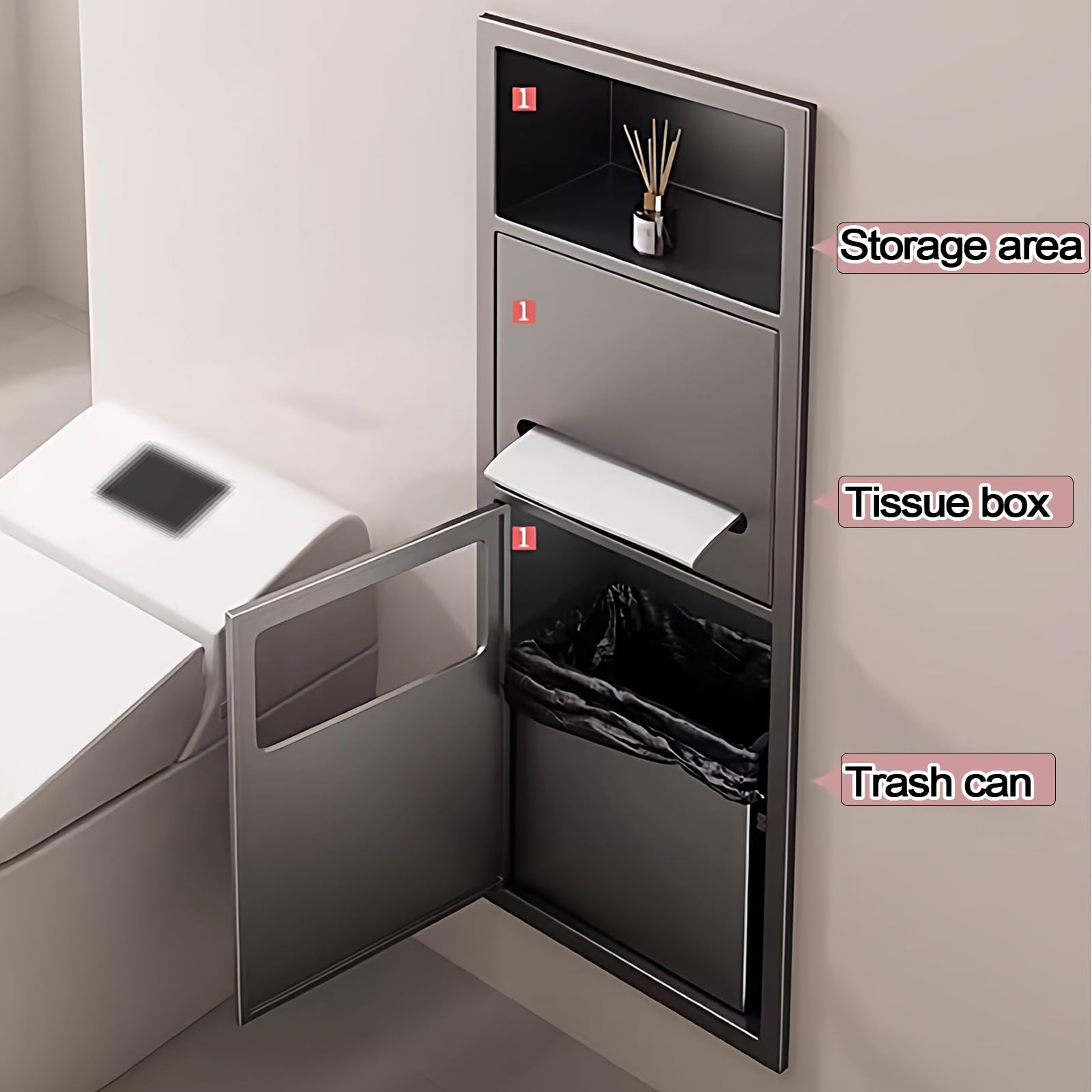 Soporte para papel higiénico con estantes de almacenamiento y cubo de basura extraíble, acero inoxidable 304, soldadura sin costuras para baños y hoteles
