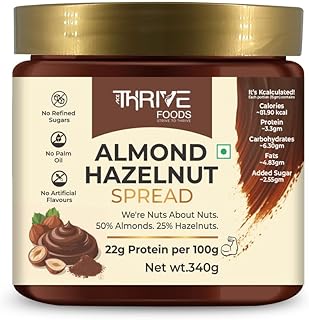 Thrive Almond Hazelnut Protein Spread – 50% Almonds, 25% Hazelnuts | 22g Protein | Coconut Sugar | No Palm Oil, No Artific Price In India