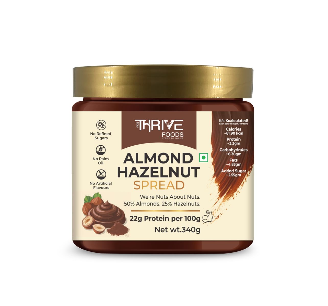 Thrive Almond Hazelnut Protein Spread – 50% Almonds, 25% Hazelnuts | 22g Protein | Coconut Sugar | No Palm Oil, No Artific