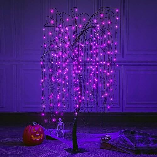 Miniatura 10 de LIGHTSHARE Árbol de Halloween de 7 pies, 256 luces LED para el hogar, festival, belén, fiesta y decoración de bruja de Navidad, incluye arañas y