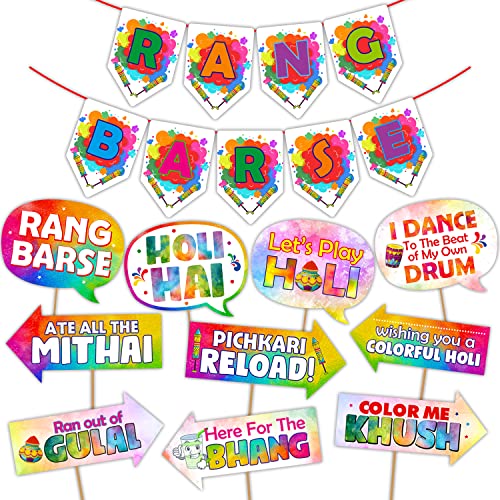 Image of Party Propz Multicolour Holi Props - 11Pcs Multicolor Props for Holi decoration Items for Home, Rang Barse Banner (Cardstock)