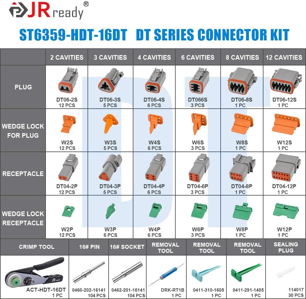 JRready ST6359 Deutsch Connector Kit, 2 3 4 6 8 12 Pin DT Connectors, Size 16 Solid Contacts 16-20AWG, Deutsch Crimp Tool, Deutsch Pin Removal Tool. Waterproof Automotive Electrical Connectors
