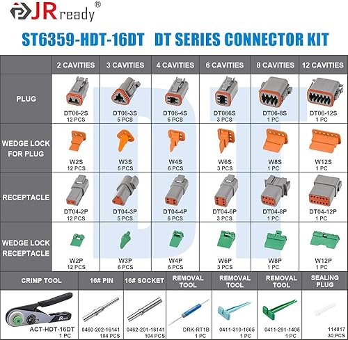 Miniatura 2 de JRready ST6359 Kit de conectores Deutsch, 2 3 4 6 8 12 pines DT, tamaño 16 contactos sólidos 16-20AWG, herramienta de crimpado Deutsch, herramienta