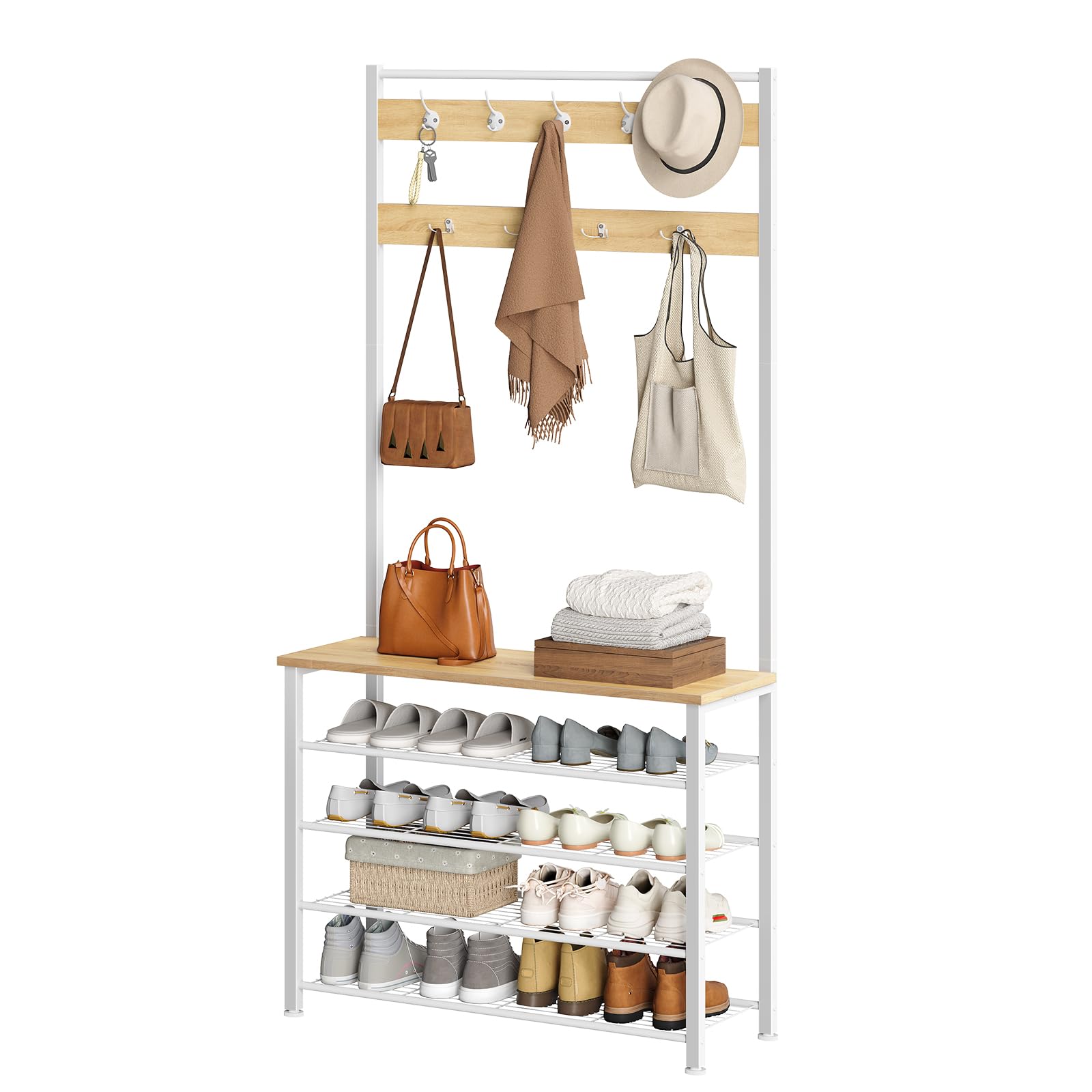 HOOBRO Stand Appendiabiti, Attaccapanni con Scarpiera, Portabiti da Terra con Scarpiera a 5 Livelli, Bianco e Naturale EWN80MT01