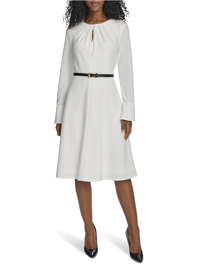 White Calvin Klein Long Sleeve Scuba Crepe Belted Alne