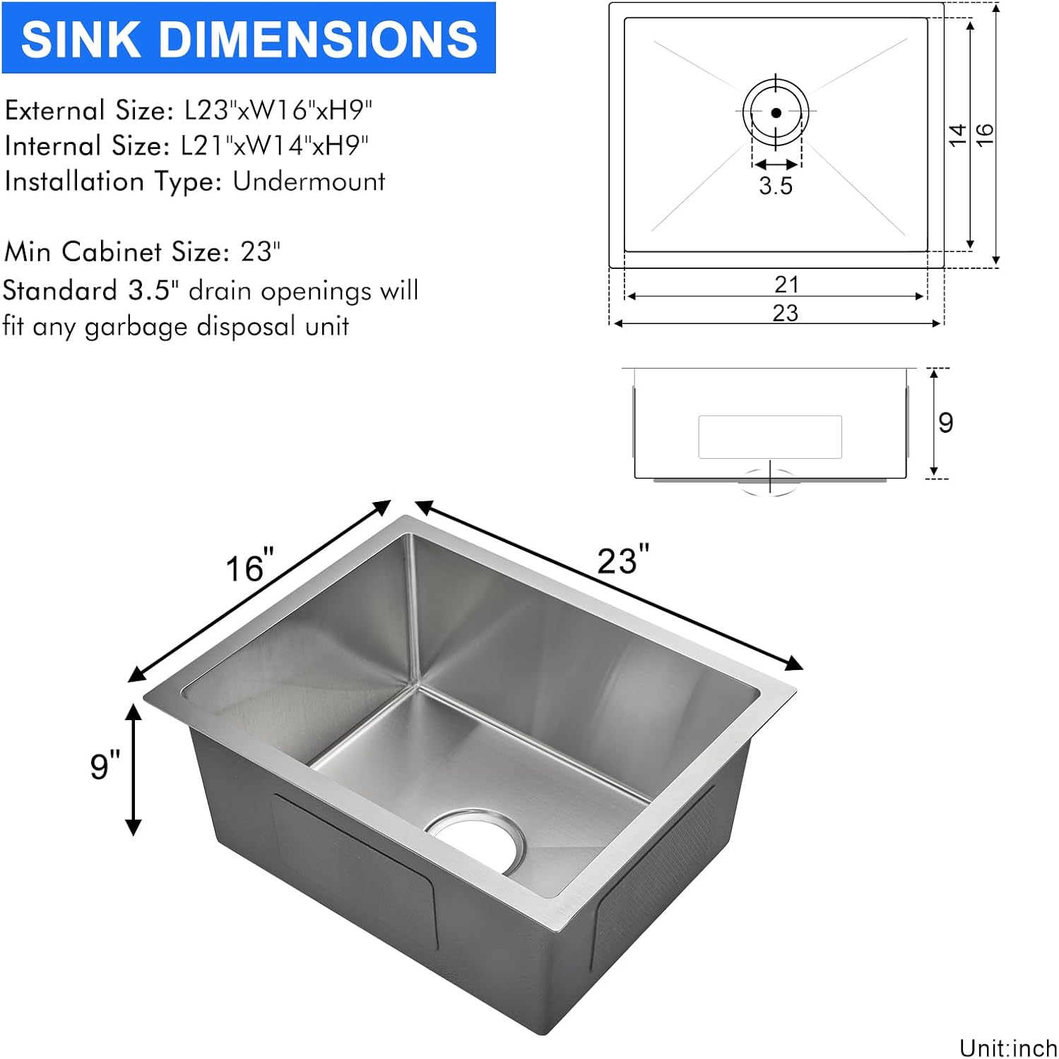 MENATT 23-Inch Undermount Kitchen Sink, 18 Gauge Stainless Steel Handmade Overmount Single Bowl Kitchen Sink - 9 Inch Deep Bowl Bar/Prep Sink Brushed, D23"x W16"x H9"