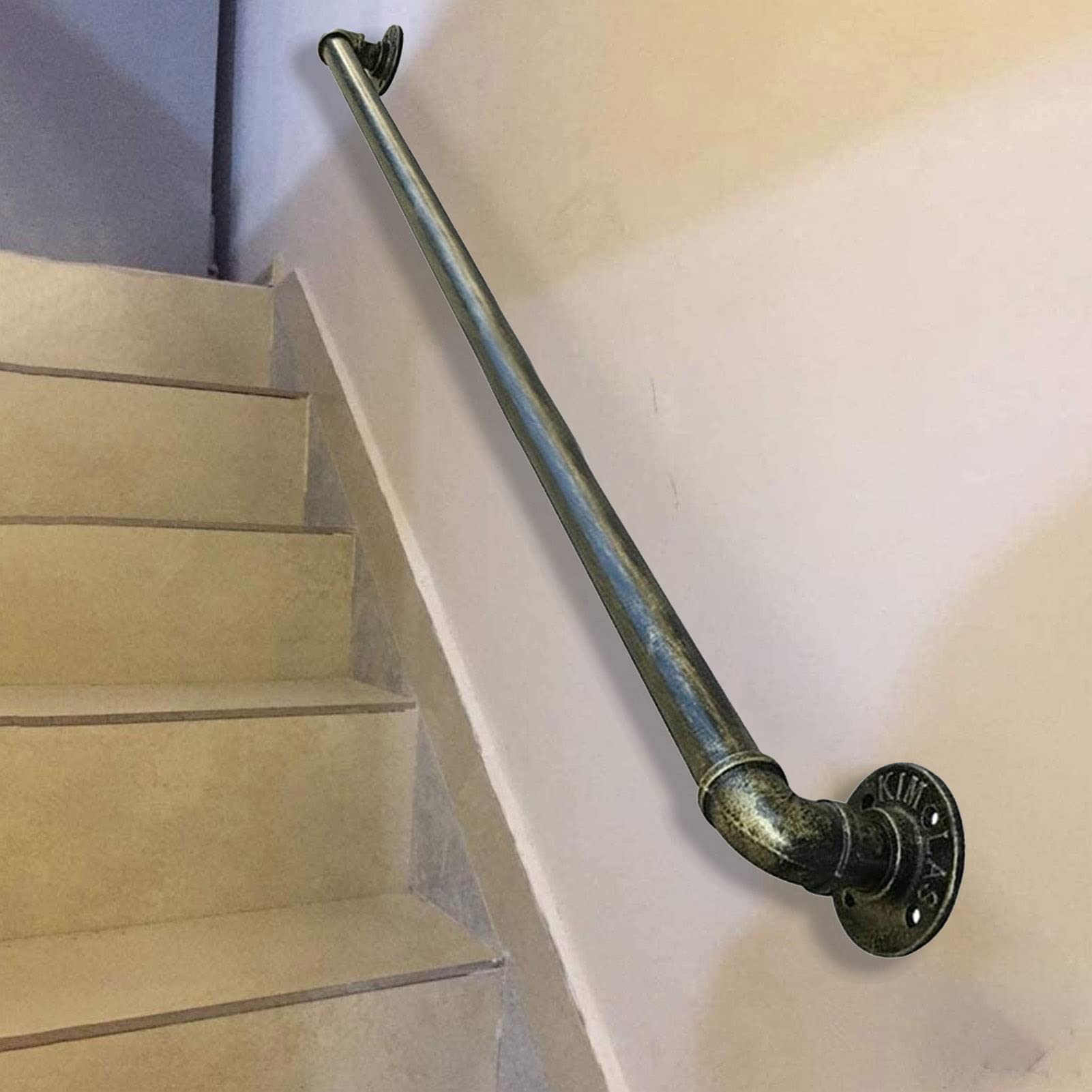 Corrimano per Scale Interni Esterni Gradini, Tubo Industriale in Ferro Battuto Montato a Parete in Bronzo Piombo Diretto alla Porta della Scala o Ingresso della Cantina/3.3Ft/1M