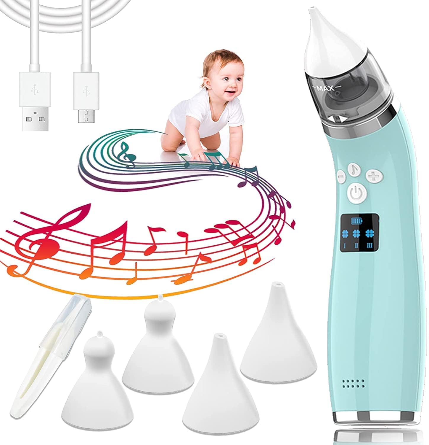 Azonee Automatic Nose Cleaner with 4 Silicone Nose Tips & 3 Levels of Suction & Music Soothing Function Rechargeable Portable (Green)