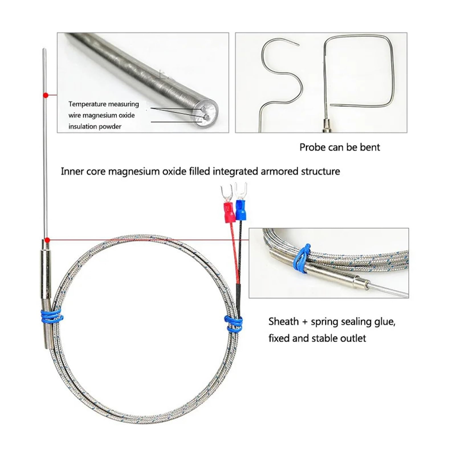 Sensor de temperatura de acero inoxidable termopar Sensor de temperatura de WRNK-191 termopar blindado tipo FS 1100 ℃ K 1mm 1,5mm 2mm 3mm 4mm 5mm 6mm Sonda de temperatura de termopar(Probe diam 0.5X10