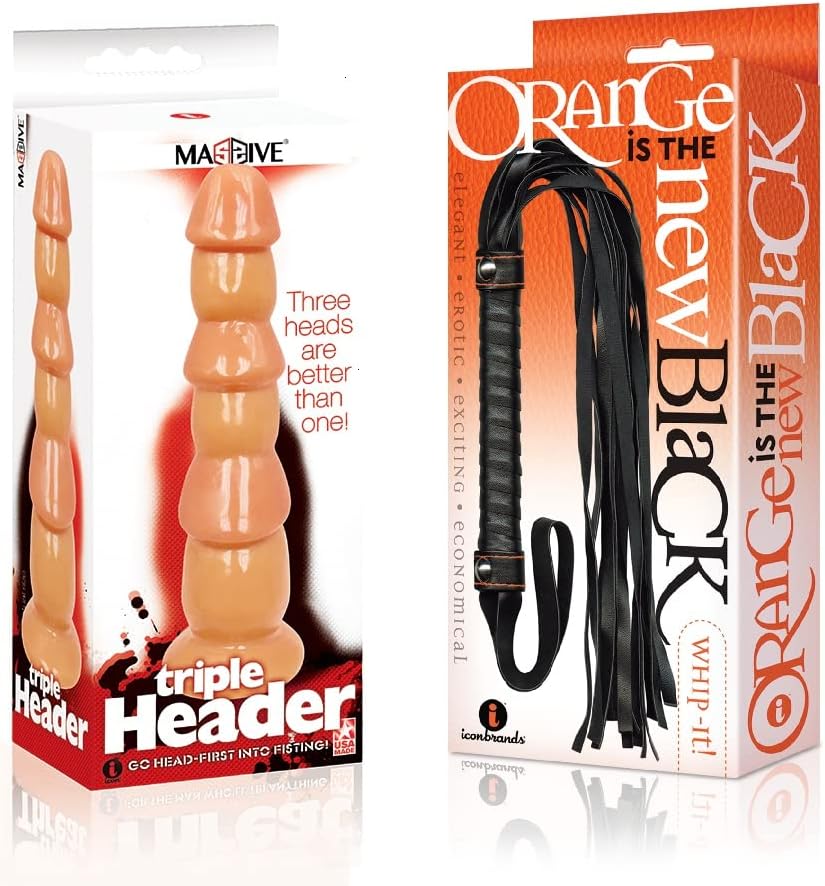 Sexy Gift Set of Massive Triple Header 3 Dick Head Dildo and Icon Brands Orange is The New Black, Whip It