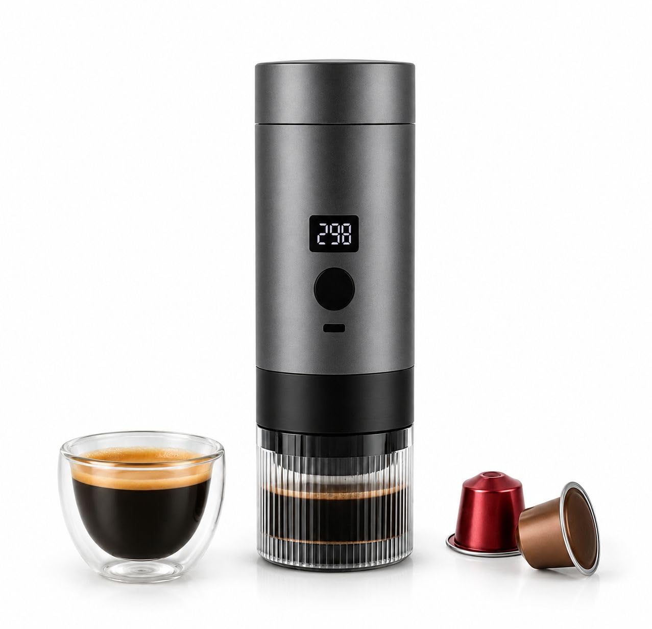 Caffettiera Elettrica Portatile Ricaricabile USB-C 2 in 1 – Compatibile con Capsule e Caffè Macinato, Display Digitale, Wireless, Macchina da Caffè da Viaggio per Auto, Campeggio, Ufficio e Outdoor