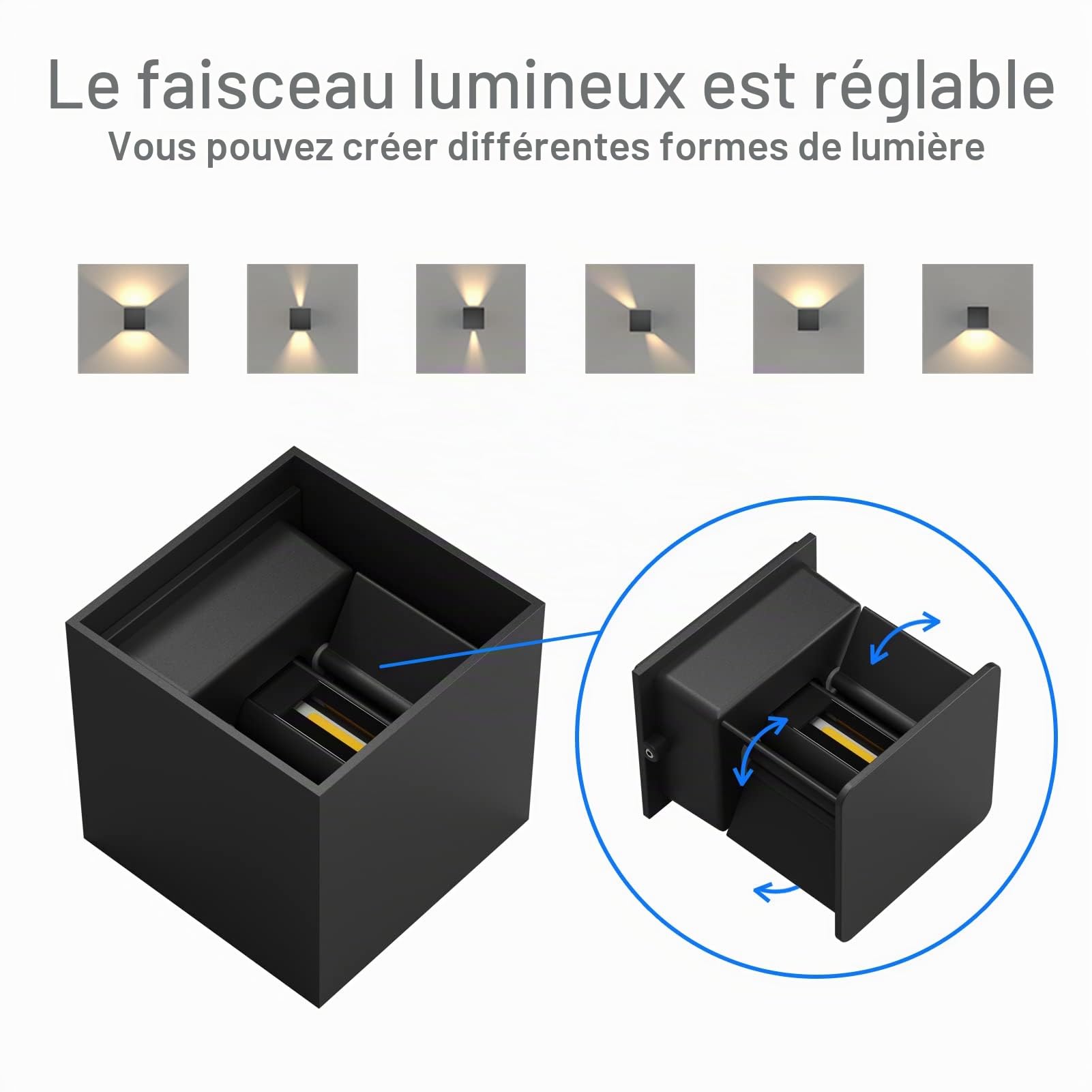 K-Bright 4 Pack Applique Murale Interieur/Exterieur 12W Avec Angle de Faisceau Réglable Appliques Murales 3000K Blanc Chaud Lampe Murale Etanche IP65 Applique Noir