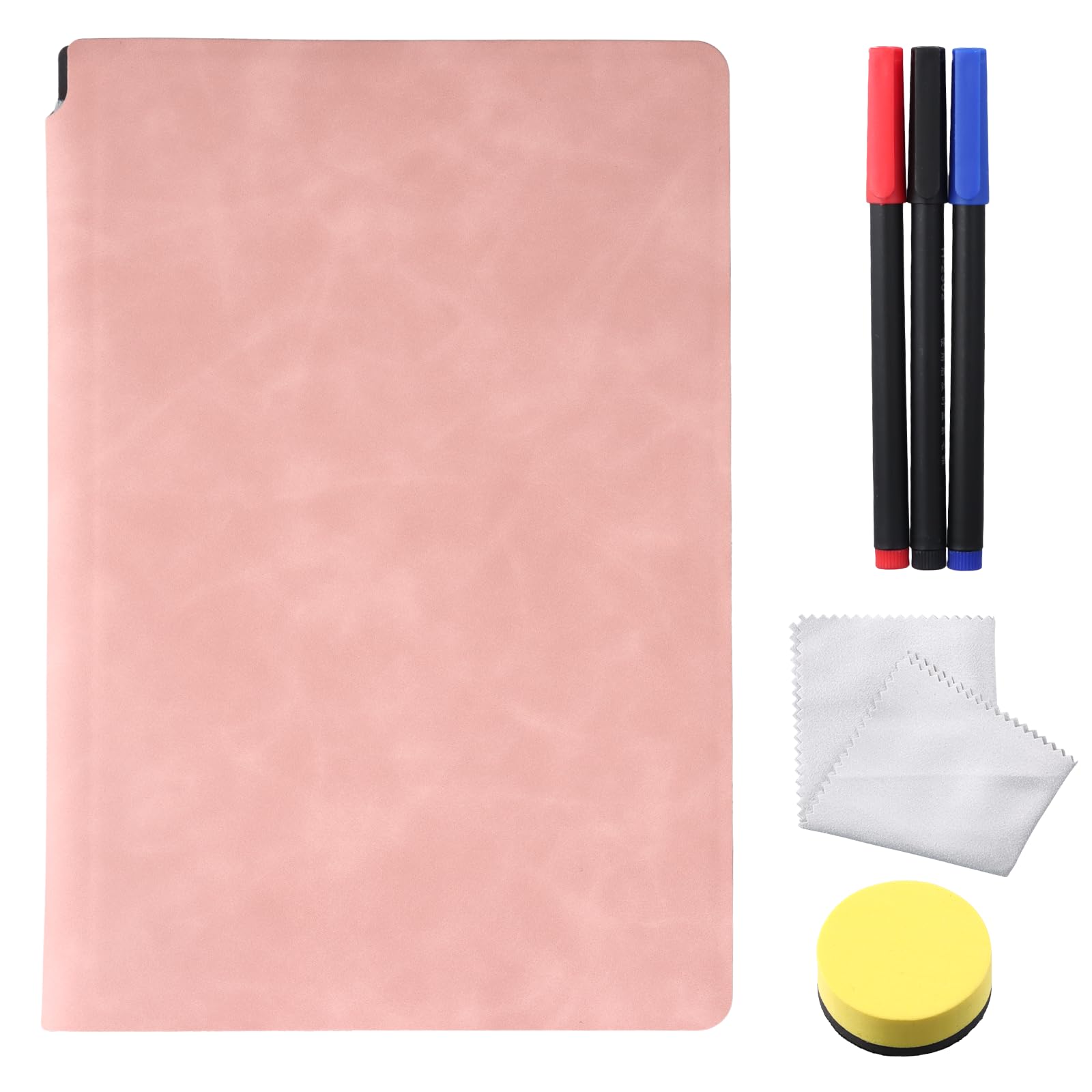 A5 Pizarra Blanca Pequeña, Cuaderno Borrable Reutilizable 24 x 16,5 cm, Borrado en Seco, con 3 Rotuladores, 1 Esponja y 1 Paño, Escribible en Ambos Lados para Estudio, Tomar Notas (Rosa)