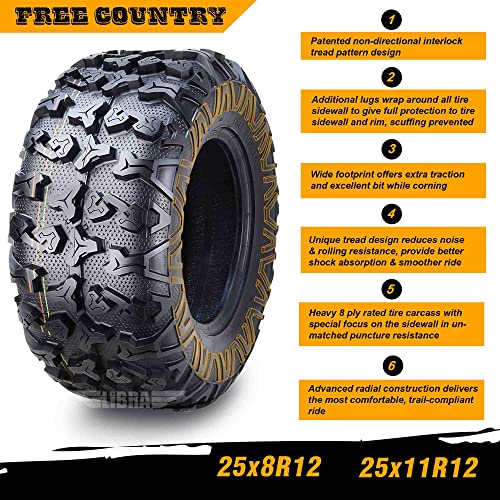 Free Country Set 6 HD 8PR Radial UTV ATV tires 25x8R12 Front & 25x11R12 Rear w/Featured Full Side Lugs/Scuff Guard