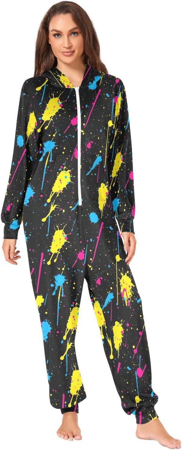 ZZKKO Colorful Paint Splash Adult Onesie Pajamas for Women Men Cozy One Piece Pajamas Costume Zip-Up Hooded S-XL