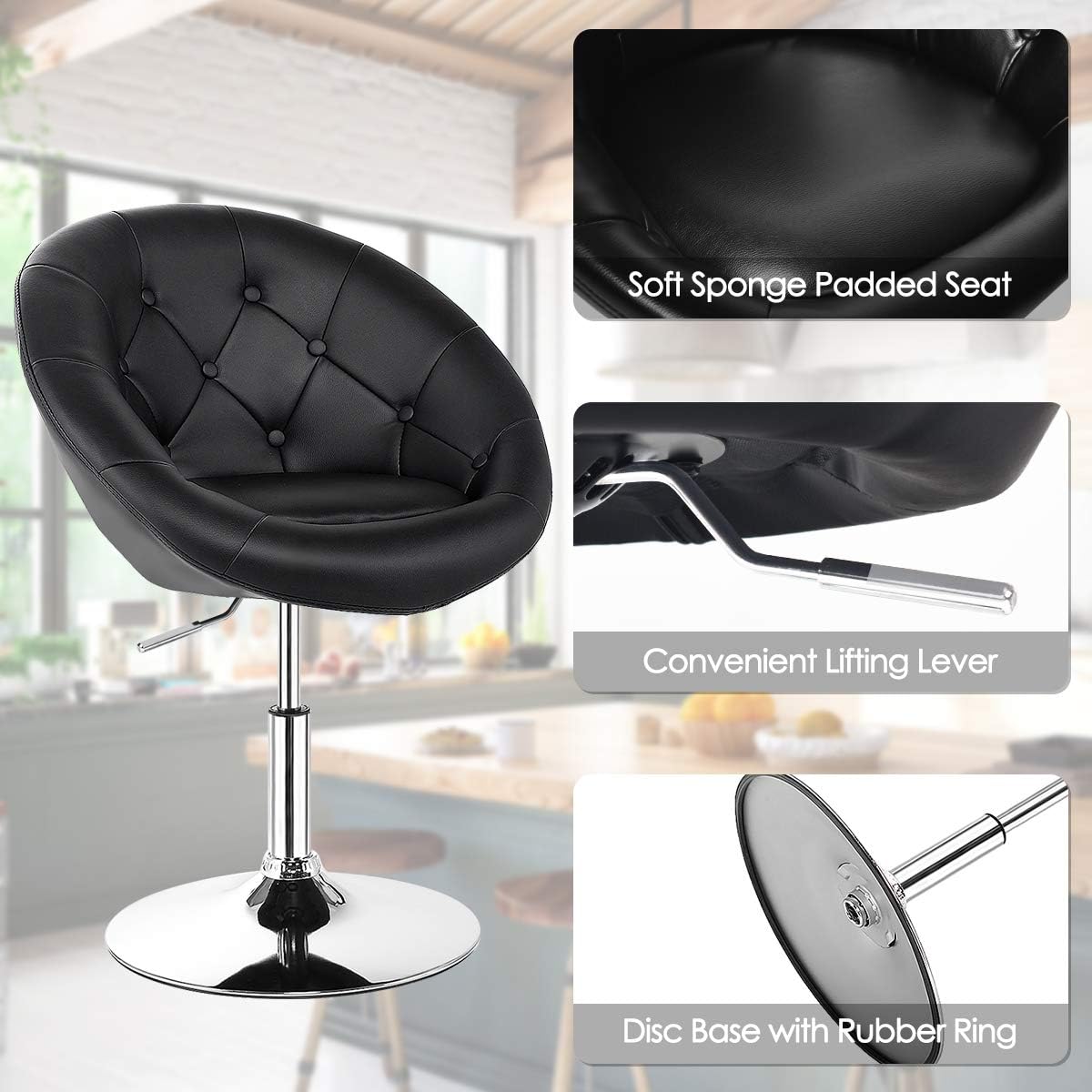 COSTWAY Vanity Chair, Contemporary Height Adjustable Makeup Chair with Chrome Frame, Tufted Round-Back, Modern Swivel Accent Chair for Lounge, Pub, Bar, Black