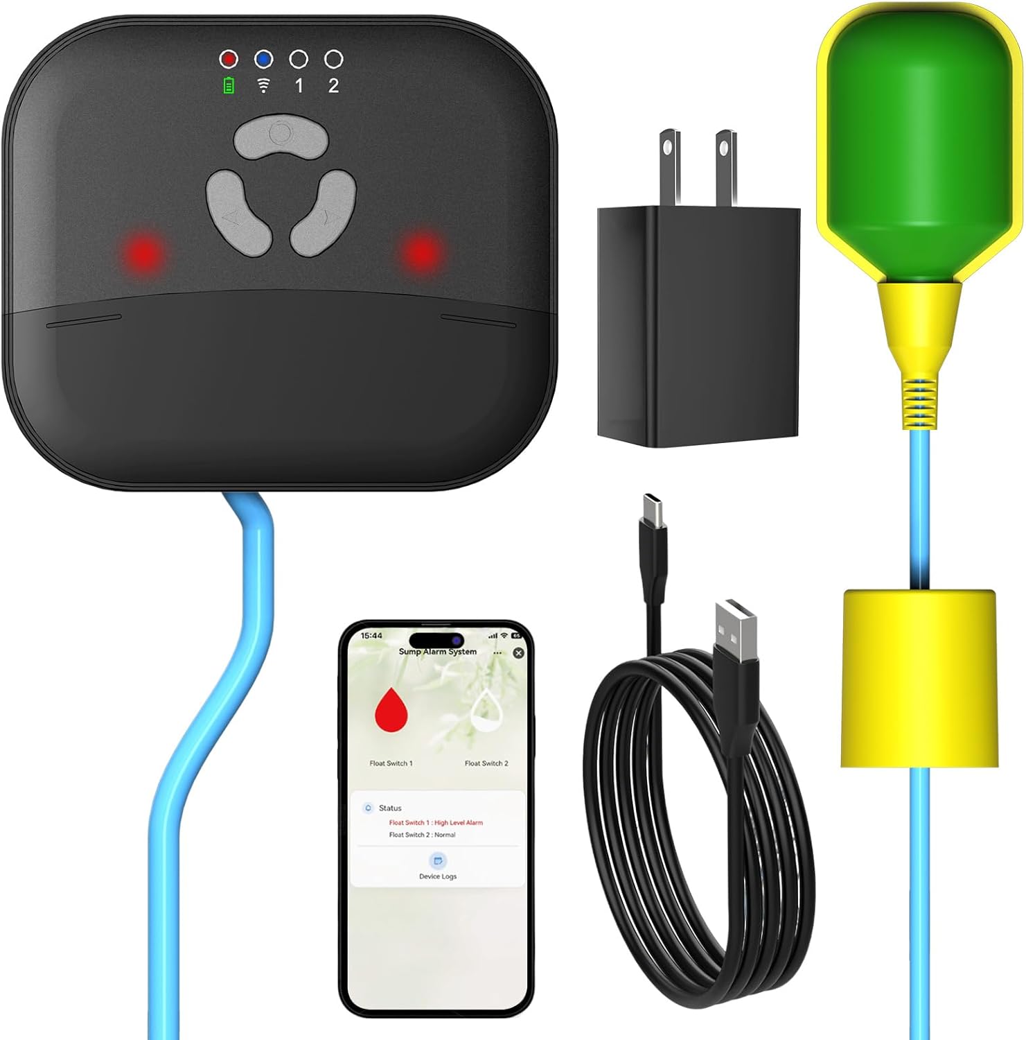 LUCKYDUO WiFi High/Low Sump Pump Alarm, Smart Water Level Alert with App Notification, Water Lever Sensor Detector for Indoors/Outdoors with 10ft Tethered Float Switch, 110dB Loud Alarm, LED Flashing