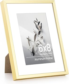 Feihorrm 6x8 Photo Frame With Mount, Aluminum Gold Picture Frame W/ 4x6 Mat